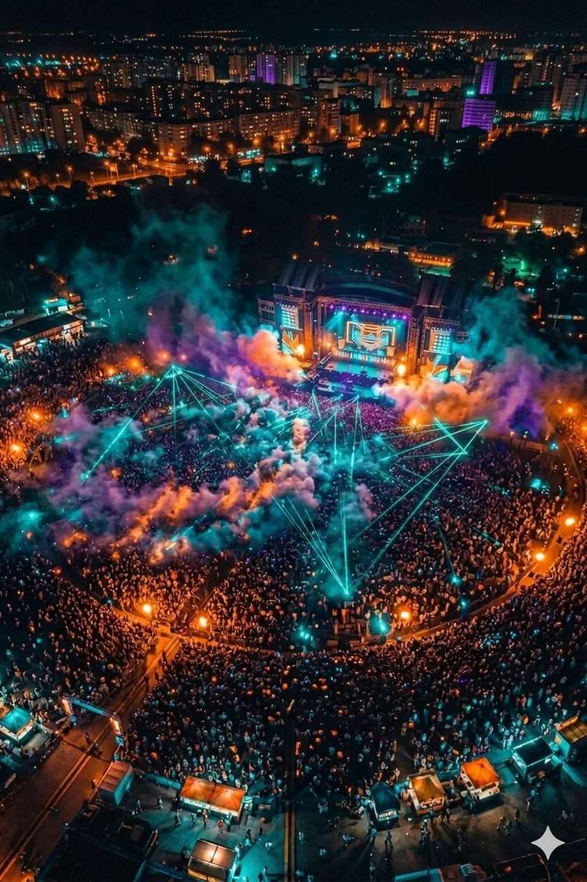 Vista aérea de un festival con escenario, láseres y humo de color
